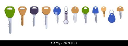 Door keys vector set. Modern keys different ornament heads. Metal elements for locks of boxes, flat, Stock Vector