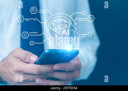 AI Chat concept AI, Artificial Intelligence. businessman using technology smart robot AI, enter command prompt, contact for business information analy Stock Photo