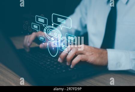 Chatbot chat AI concept, artificial intelligence Businessman touching digital chatbot for provide access to information and data in online network, ro Stock Photo