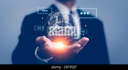 Chatbot Chat with AI, Artificial Intelligence. man using technology smart robot AI, artificial intelligence by enter command prompt for generates some Stock Photo
