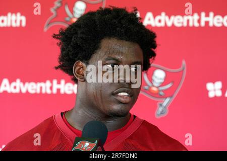 Tampa Bay Buccaneers first-round draft pick Calijah Kancey smiles during an  NFL football news conference Friday, April 28, 2023, in Tampa, Fla. Kancey  played college football at Pittsburgh. (AP Photo/Chris O'Meara Stock