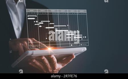 Project manager working with Gantt chart schedule to plan tasks and deliverables. Scheduling activities with a planning software, Corporate strategy f Stock Photo