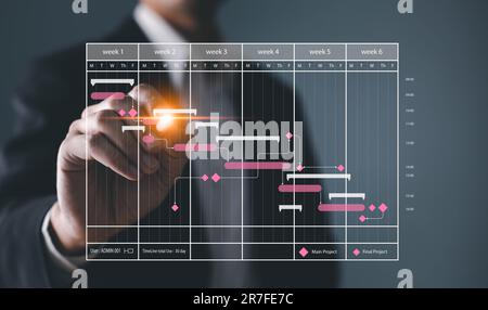 Analyst working with computer in Business Analytics and Data Management System to make report with KPI and metrics connected to database. Corporate st Stock Photo