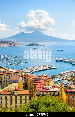 Naples, Italy. August 31, 2021. View of the Gulf of Naples from the Posillipo hill with Mount Vesuvius far in the background. Stock Photo