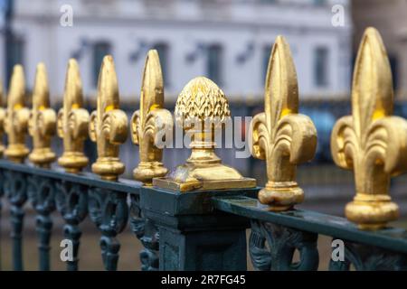 Antique wrought iron fence with gold tips. Stock Photo
