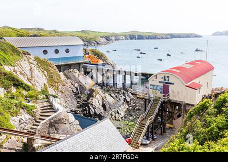 The new and old lifeboat stations at St Justinians on the St David's peninsula in the Pembrokeshire Coast National Park, Wales UK Stock Photo