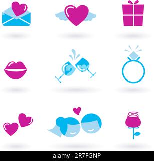 Vector collection of valentine's day or wedding icons. Bride and groom, ring, heart, champagne, gift etc. Stock Vector