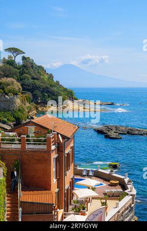 Naples, Italy. In Posillipo, seascape view from Marechiaro. In the background Mount Vesuvius. 2023-04-23. Stock Photo