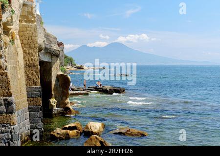 Naples, Italy. View from the sea of Marechiaro in Posillipo, of Mount Vesuvius. 2023-04-23. Stock Photo