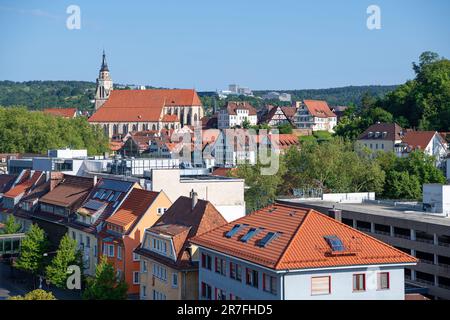 Cityscape of Tuebingen. Skyline including the church Stiftskirche. Stock Photo