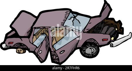 Cartoon of a wrecked automobile with a broken windshield. Stock Vector