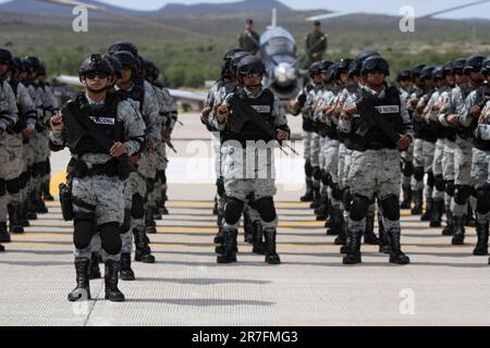 Santa Gertrudis, Chihuahua, Mexico. 14th June, 2023. Elements of the National Guard during the ceremony. In the National Training Camp there was also a small demonstration of the entire air and land arsenal of the Mexican Army. (Credit Image: © Luis Salgado/Pacific Press via ZUMA Press Wire) EDITORIAL USAGE ONLY! Not for Commercial USAGE! Stock Photo