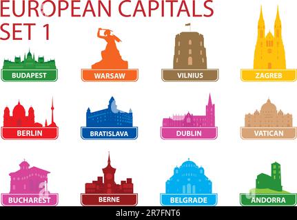 European capital symbols. Vector illustration. Set 1 Stock Vector