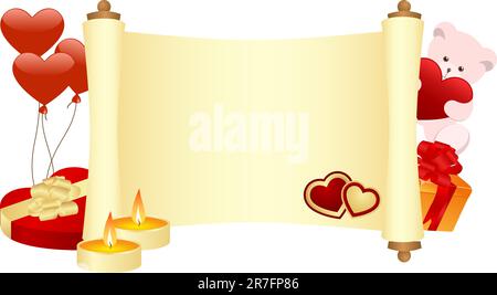 Yellow scroll with gifts. Isolated on a white. Vector illustrated. Stock Vector