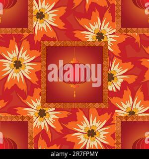 vector seamless ornament with chinese lanterns on seamless flower ornament. clipping masks Stock Vector