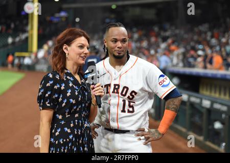 Houston Astros catcher Martin Maldonado (15) is interviewed by Julia Morales after the MLB game between the Washington Nationals and the Houston Astro Stock Photo