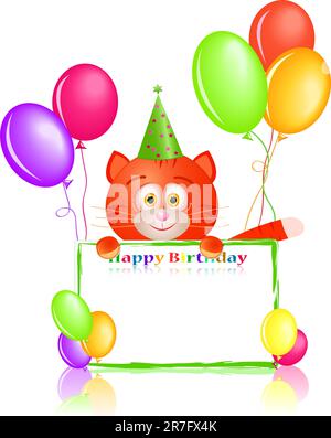 red cat with greeting card  and balloons on birthday isolated on white background Stock Vector