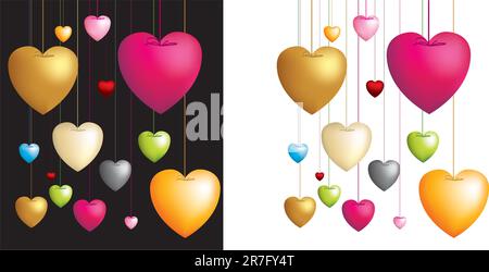 illustration on white and black of love hearts dangling on strings Stock Vector