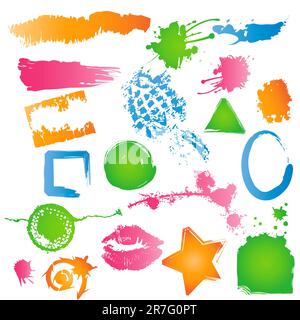 Variety of Colorful Grungy Textures, Brushes, and Shapes Stock Vector