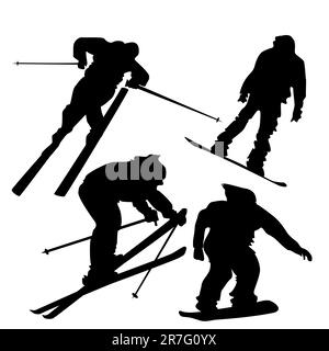 Set of different Skiers and Snowboarders Silhouettes Stock Vector