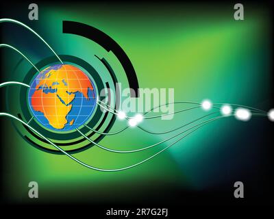 abstract hi tech composition with earth globe and waves over green background, vector art illustration Stock Vector