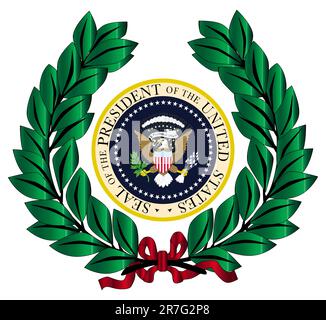 A wreath with a depiction of the seal of the president of the United States of America state seal over white Stock Photo