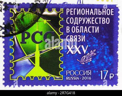 MOSCOW, RUSSIA - JUNE 8 2023: Postage stamp printed in Russia devoted to 25th Anniversary of Regional Commonwealth in Field of Comms (RCC), serie, cir Stock Photo