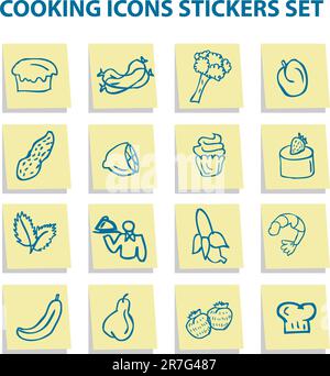 Food icons stickers set, kitchen elements 3 Stock Vector