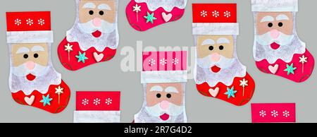 Christmas seamless background New Year's sock in the form of Santa Claus.Traditional holiday socks.Seamless pattern from sock.Print for textiles, back Stock Photo
