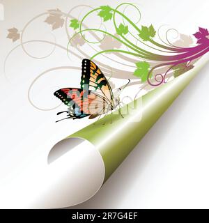 Curled corner with butterfly, vector illustration Stock Vector