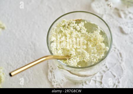 Fresh elderberry flowers in a glass of lemonade with a golden metal straw. Zero waste concept. Stock Photo