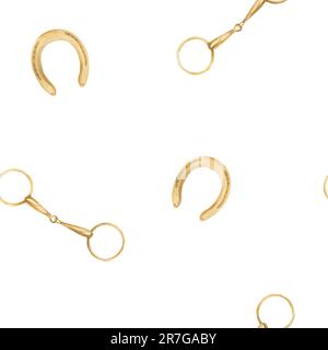 Seamless minimalistic pattern with watercolor illustrations of golden horseshoes and snaffles, isolated. Can be used as a print for clothes. Print on Stock Photo