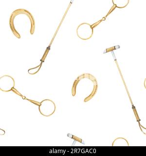 Seamless minimalistic pattern with watercolor illustrations of golden horseshoes and snaffles, horse polo sticks , isolated. Print on the theme of Stock Photo