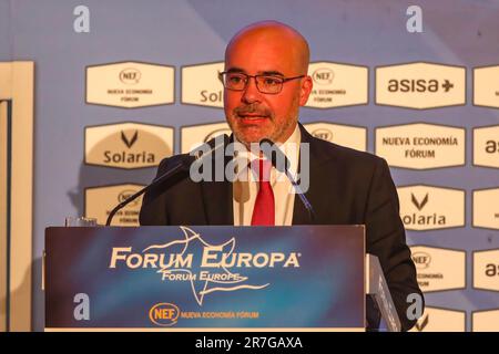 Madrid, Spain. 15th June, 2023. Francisco MartÌn Aguirre, Government Delegate in Madrid, addresses those present during the informative breakfast. This Thursday, June 15, a new edition of the Europa Forum informative breakfasts was held. On this occasion, the guest was Francisco Martín Aguirre, Government Delegate in Madrid, and he was introduced by Fernando Grande-Marlaska, Minister of the Interior of the Government of Spain.Breakfast was held at the Gran Circulo Casino in Madrid. Credit: SOPA Images Limited/Alamy Live News Stock Photo