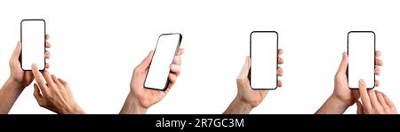 Hands holding mobile phone screen mockups, blank smartphone mock-ups set, isolated on white. Stock Photo