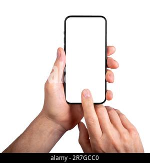 Hand holding mobile phone, finger clicking on blank screen mock-up, tapping ok on display, isolated on white background. Stock Photo