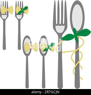 Vector picture with elements for menu: fork, spoon, pasta, basil Stock Vector