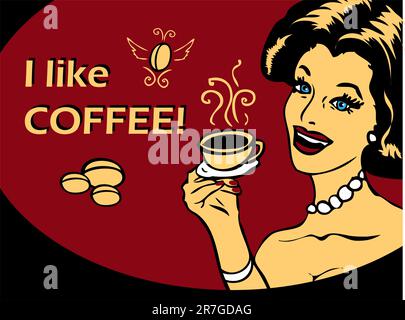 Coffee Lover vector poster with woman and cup of coffee in hand, Coffee time logo heart icon.One of fashion pinup illustrations Stock Vector