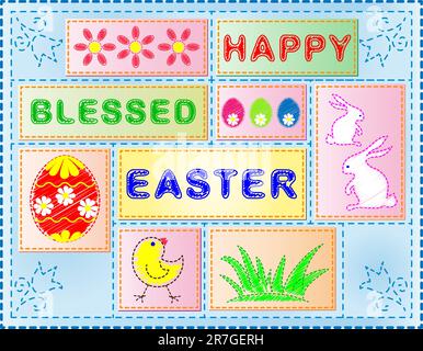 Easter illustration of patchwork embroidered with lots of Easter symbols in pastel colors Stock Vector