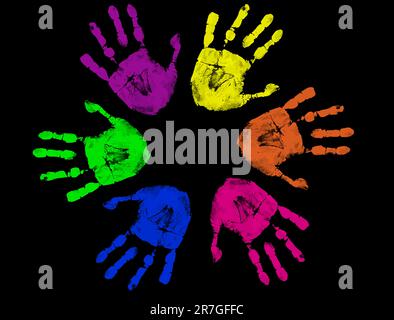Set of colorful hand prints isolated on black background Stock Vector