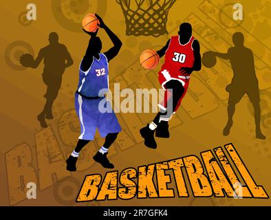 Action players, on grunge background, vector illustration. Basketball grunge poster Stock Vector