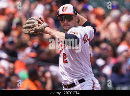 Baltimore Orioles third baseman Gunnar Henderson throws to first