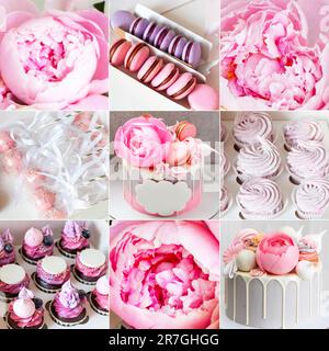 The idea of party table for a young girl' birthday. Pink cake with edible peony flower, marshmallow, cupcakes, cake pops and macarons Stock Photo