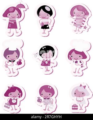 Happy kids icons sticker set cook study relax play purple fake paper tag label Stock Vector