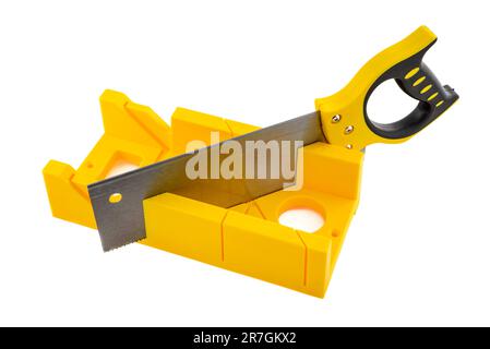 Construction tool - miter saw with miter box isolated on a white background. Stock Photo