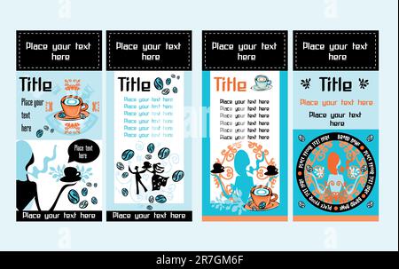 Collection vertical business cards templates, banners, flyers. Cute grunge frame with drinks, coffee, woman and dance couple symbols isolated on ba... Stock Vector