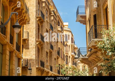 Old Beirut central downtown narrow street architecture with buildings and street lights, Lebanon Stock Photo