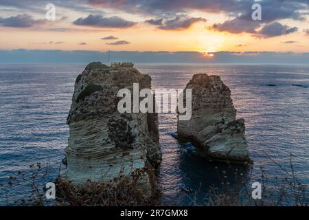 Raouche or pigeons rocks sea panorama in a sunset time, Beirut, Lebanon Stock Photo