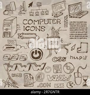 Set of hand-drawn computer icons on crumpled paper (vector) Stock Vector
