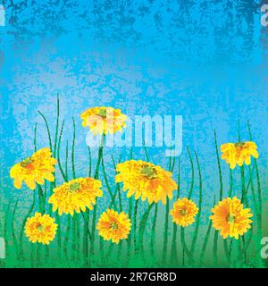 abstract grunge illustration with camomiles on blue background Stock Vector
